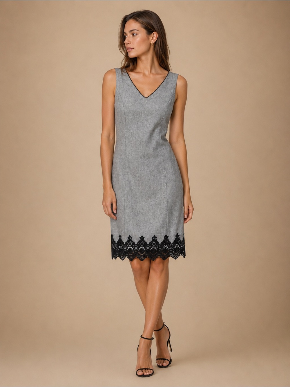Sleeveless Gray Sheath Dress with Black Lace Hem
